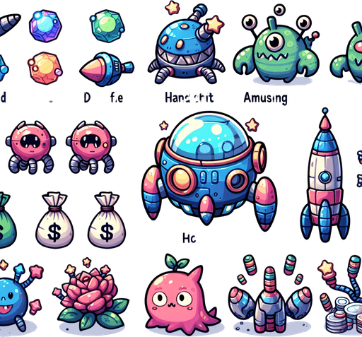 Spritesheet. Spaceships, spacemonsters, cash, powerups. Studio Ghibli. Ghibli style. Mobile game. Colorful. hand drawn. cute. fun. In-Game asset. 2d. Blank background. High contrast. No shadows..