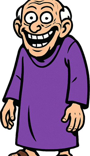 yaşlı, üzerinde mor bir cübbe olan, ve mal mal sırıtan bir adam. vücudu tamamen görünür.
In-Game asset.  2d.  High contrast.  No shadows