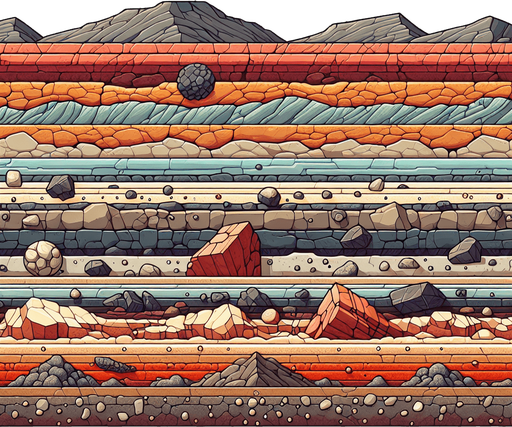 A 2D side-view of the layered earth, like a side-scrolling game environment. 
No cubes or spheres—just a wide rectangle showing layered dirt and rock strata, 
with distinct horizontal bands in different shades of brown and gray. 
Some layers can have small stones, fossils, or subtle traces of ore. 
The style is slightly cartoonish, with clear outlines and warm earthy colors.
Make the top layer a rocky or dirty layer to indicate the deeper layers, 
then progressively much darker and more red as it goes deeper indicating lava rock.
Single Game Texture.  In-Game asset.  2d.  Blank background.  High contrast.  No shadows. Side View. Rectangle. Square. Not a Cube, Horizontal view, lateral view, sideward view, Side angle.