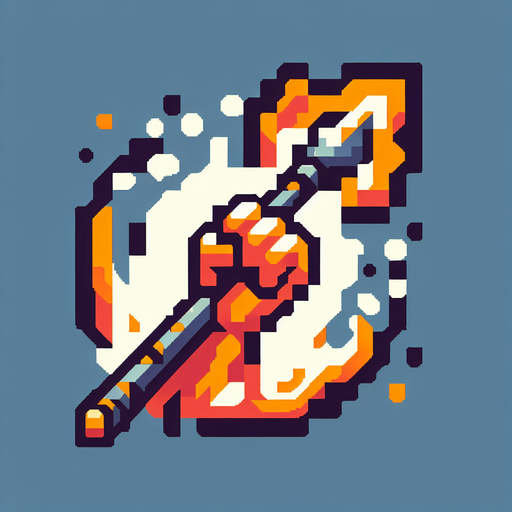 Pixelart. An icon of a an arm holding  javelin with fire around it..
Single Game Texture. In-Game asset. 2d. Blank background. High contrast. No shadows.