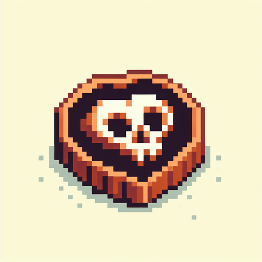 isometric doubloon copper coin icon featuring a skull. shaped like a heart. pirate themed. pixelated. 8 bit..
Single Game Texture. In-Game asset. 2d. Blank background. High contrast. No shadows.