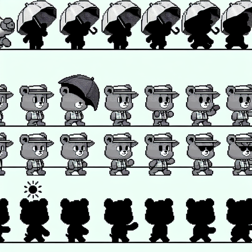 A spritesheet with a number of poses of a cartoonish bear cub with a sunshade, smiling, walking, waiting, standing, ordering, turning, etc. all seen from the side.The spritesheet should be laid out in a rectangular grid with clear space between each individual sprite. Each sprite in the sheet should be around 300x600 pixels in size..
Single Game Texture. In-Game asset. 2d. Blank background. High contrast. No shadows.