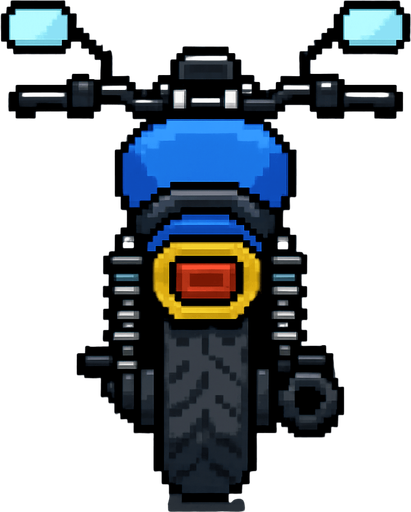 Create a 2D motorcycle sprite viewed from behind, positioned to ride on the road..
In-Game asset.  2d.  High contrast.  No shadows