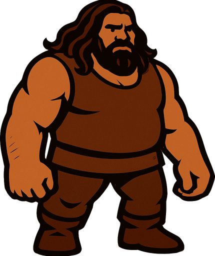 Uzun saçlı kahverengi renkte iri bir adam.
In-Game asset.  2d.  High contrast.  No shadows
