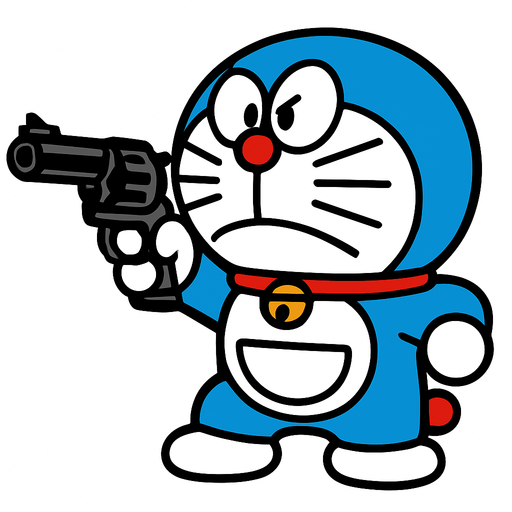 Doraemon shooting a gun.
In-Game asset.  2d.  High contrast.  No shadows