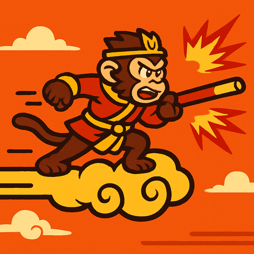 monglkey king raja kera di atas awan kinton menyerang dengan tongkat sakti. side scroller image.
In-Game asset.  2d.  High contrast.  No shadows