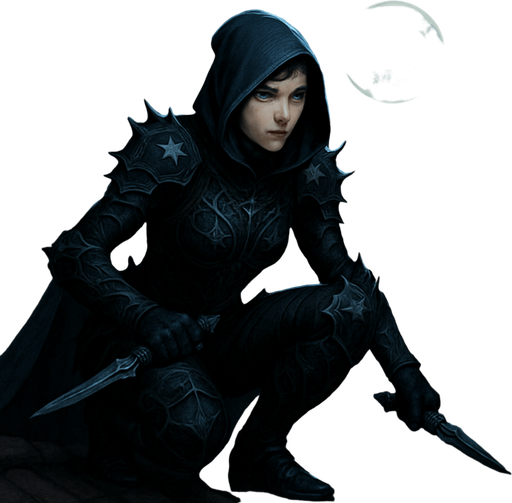 A fierce assassin in obsidian armor and a hooded cloak, crouched on a rooftop under the moonlight. Female, 33 years old, lean and deadly, short jet-black hair, piercing ice-blue eyes, pale porcelain skin. Her armor is adorned with thorn motifs. A poisoned dagger in each hand. Background shows a quiet castle town below. Realistic, highly detailed, stealthy night-time mood. reaalistic.
In-Game asset.  2d.  High contrast.  No shadows