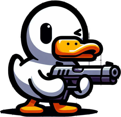 Title game:duck with a gun.
Single Game Texture. In-Game asset. 2d. Blank background. High contrast. No shadows.