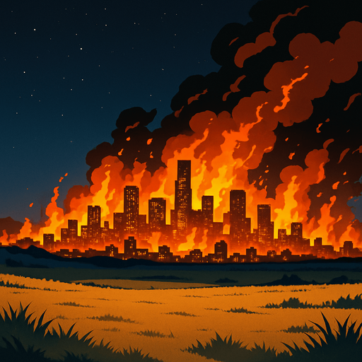 anime image style battlefield plains. on this distance as lost angeles burning city at night
In-Game asset.  2d.  High contrast.  No shadows