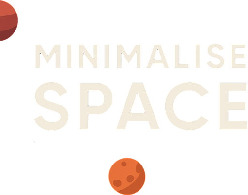 Fullscreen modern App Store landscape banner, 16:9, high definition, for a game titled "Minimalise Space'' and Planets wiews.