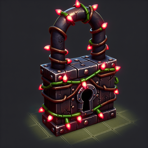 eerie christmas inspired christmas light lock with a resident evil style.
Single Game Texture. In-Game asset. 2d. Blank background. High contrast. No shadows.