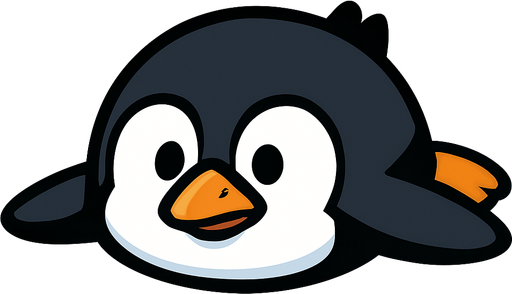 A cartoon-style penguin lying flat on its belly, facing forward with its body stretched out.
In-Game asset.  2d.  High contrast.  No shadows