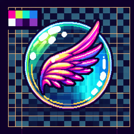 pixel art of a bubble a wing inside in neon color..
Single Game Texture. In-Game asset. 2d. Blank background. High contrast. No shadows.