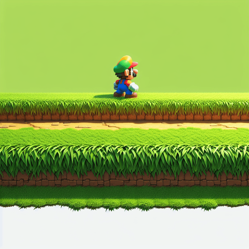 Side on. Dirt with grass. Full width. Super mario.
Blank background.  High contrast.  No shadows