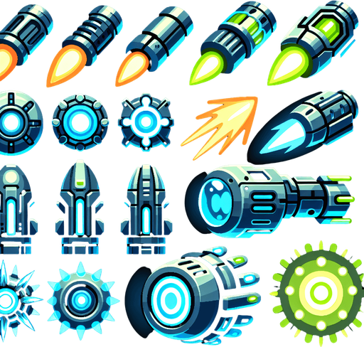 Bullets should have a sleek, futuristic design, such as glowing projectiles, plasma shots, or energy beams.
Use bright, contrasting colors (e.g., blue or green) to differentiate them from alien attacks..
Single Game Texture. In-Game asset. 2d. Blank background. High contrast. No shadows.