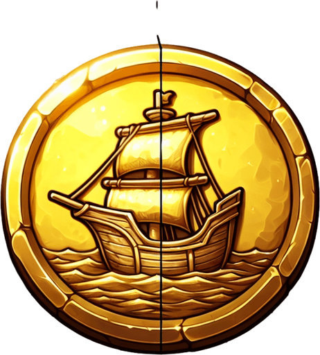 a single shining yellowish golden coin with the boat  on it.
Single Game Texture.  In-Game asset.  2d.  Blank background.  High contrast.  No shadows