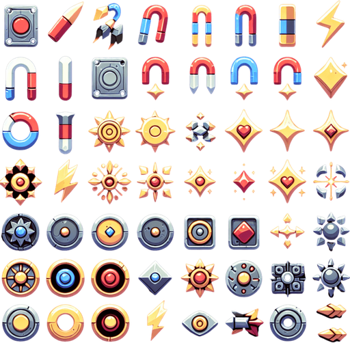 A sprite sheet of magnets.
Single Game Texture. In-Game asset. 2d. Blank background. High contrast. No shadows.