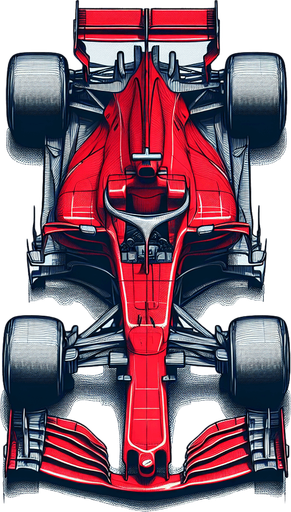 a red f1 race car top view.
Single Game Texture. In-Game asset. 2d. Blank background. High contrast. No shadows.