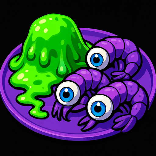 Alien food: Some green, oozing jelly and some purple shrimp with blue Human eyes all on a plate
In-Game asset.  2d.  High contrast.  No shadows.