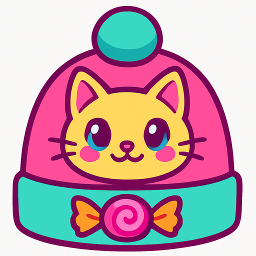 cute candy cat design beanie top view..
In-Game asset.  2d.  High contrast.  No shadows