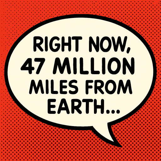 "Comic book illustration speech bubbles saying '"Right now, 47 million miles from Earth...' 
In-Game asset.  2d.  High contrast.  No shadows
