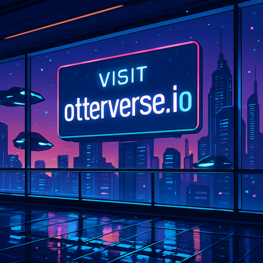 “Render a futuristic skyline view from a glass-walled sky-bridge at twilight. Huge digital billboard outside declares ‘Visit otterverse.io’ in crisp neon lettering. Include passing hover-cars, floating particle effects, and a wet floor inside reflecting the lights—no characters or coins.”.
In-Game asset.  2d.  High contrast.  No shadows