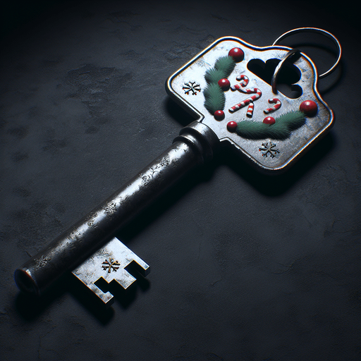 a simple dirty, dark and eerie Christmas bathroom key.
Single Game Texture. In-Game asset. 2d. Blank background. High contrast. No shadows.