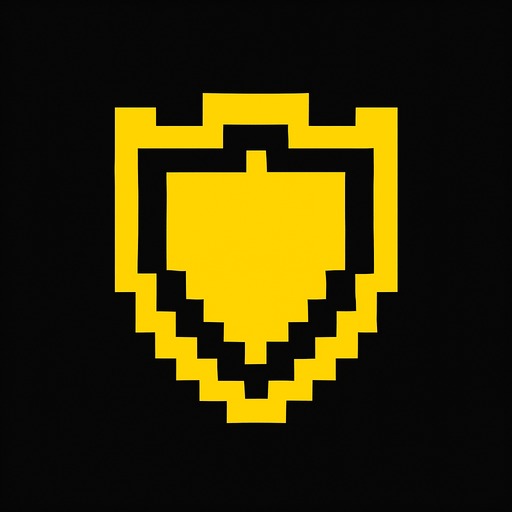 Símbolo de escudo pixelado con pixeles amarillos.
In-Game asset.  2d.  High contrast.  No shadows