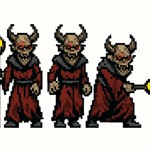 A sprite sheet for grotesque demonic sorcerer with a staff. Two walking sprites with alternating legs and one attack sprite where the staff is lowered and aimed to shoot a spell. Straight on front view. Retro pixelated art.. white background
In-Game asset.  2d.  High contrast.  No shadows