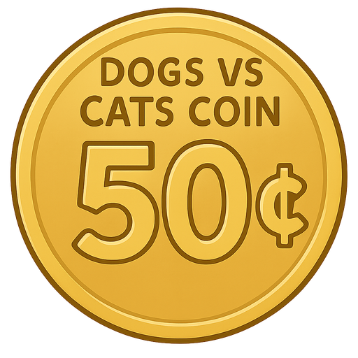 A golden shining coin with the words “dogs vs cats coin” at the top and the coin says “50¢” . No background. Transparent background. Blank background. No shadows. 2d. In-Game asset. flat