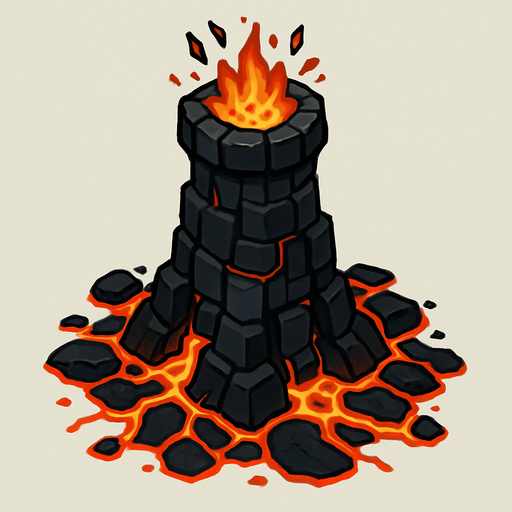 Dark magma tower.
In-Game asset.  2d.  High contrast.  No shadows. Topdown