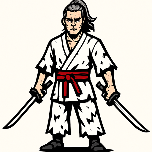 A white-clothed male samurai with torn clothes, long gray hair tied back, pale skin, red belt on his waist, holding two swords, standing confidently, simple pose, no background, front-facing, 2D game character.
In-Game asset.  2d.  High contrast.  No shadows
