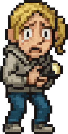 Create a pixel-art main character sprite of a scared blonde woman for a 2D horror survival game. She should have light blonde hair (shoulder length or tied in a ponytail), wide anxious eyes, and a pale complexion. Her outfit should be casual: a light-colored shirt or hoodie, jeans, and sneakers. The character should appear visibly nervous or frightened – slightly hunched posture, hands close to body, maybe holding a flashlight. Include subtle animation or idle pose showing fear. Style should match retro horror games. PNG with transparent background, front-facing idle stance..
In-Game asset.  2d.  High contrast.  No shadows