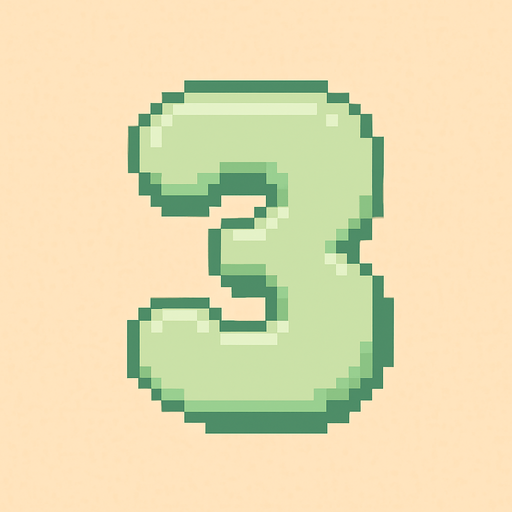 A pixel art number "3" designed for a cozy, cute retro 2D game UI with a bird theme. The number is rendered in soft pastel light green tones to harmonize with the gentle and sweet aesthetic of the game. It has a clean, simple, and rounded pixel style with no harsh edges, fitting perfectly within the pixel art UI style. The number is bold and easily readable at small sizes..
In-Game asset.  2d.  High contrast.  No shadows. pixel art. retro. 2d ui. number. pastel light green. simple. rounded edges. bold. cute. minimal