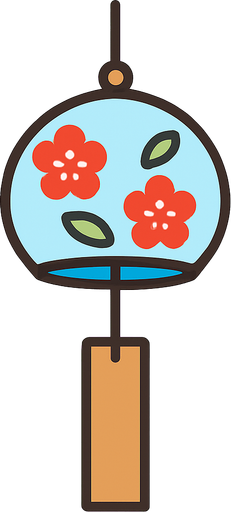 A flat, vector-style illustration of traditional Japanese wind chimes (furin) hanging from a string with a small paper tag. Gentle, peaceful design, transparent rounded background, suitable for mobile UI use..
In-Game asset.  2d.  High contrast.  No shadows
