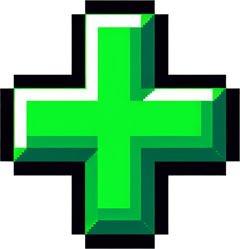 A bright green + symbol for a game GUI element.
Single Game Texture.  In-Game asset.  2d.  Blank background.  High contrast.  No shadows. 8-bit art style