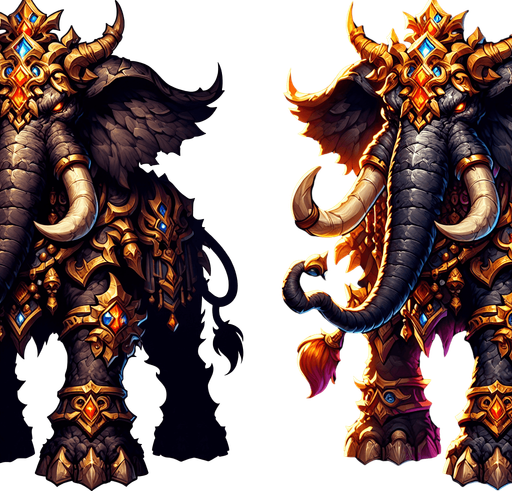 A good but dangerous elephant. Warcraft 3 art.
Single Game Texture. In-Game asset. 2d. High contrast. No shadows.