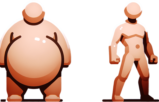 Fat obese Man, next to skinny man. Ball for head. Cartoon 3d. Flat. Clipart  high-detail. In-Game asset. 2d. Blank background. High contrast. No shadows.