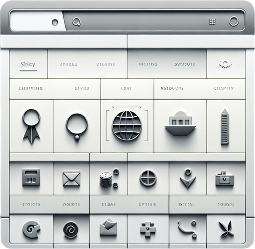 A clean and functional browser UI displaying an illegal hacking website. The page uses a light, minimalist theme with a subtle grey and white color palette to mimic a legitimate site. The main content area features a grid layout of discreetly labeled icons, each representing hacking tools, scripts, or encrypted data for sale, blending in as if it were a professional tech page.

In the top-left corner, a small visual cue, such as an encrypted symbol or a faintly styled link, hints at the site's true purpose without drawing too much attention. The interface is designed to look deceptively ordinary, with clean lines, clear fonts, and minimal decorative elements, giving the appearance of a legitimate web application while concealing its illicit nature.
Single Game Texture. In-Game asset. 2d. Blank background. High contrast. No shadows.
