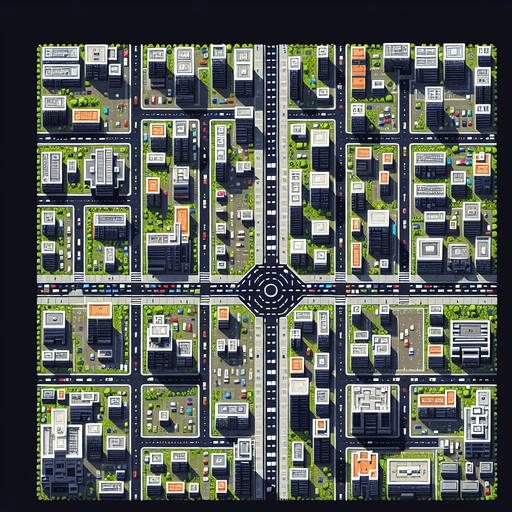 A top down view of a city.
Single Game Texture. In-Game asset. 2d. Blank background. High contrast. No shadows.