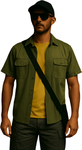 Full-length picture of the same character, his black hat and grey cargo shorts can be visible