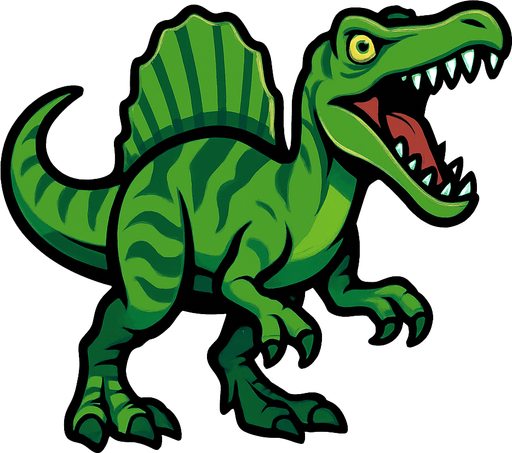Spinosaurus, yeşil, ağzı açık.
In-Game asset.  2d.  High contrast.  No shadows