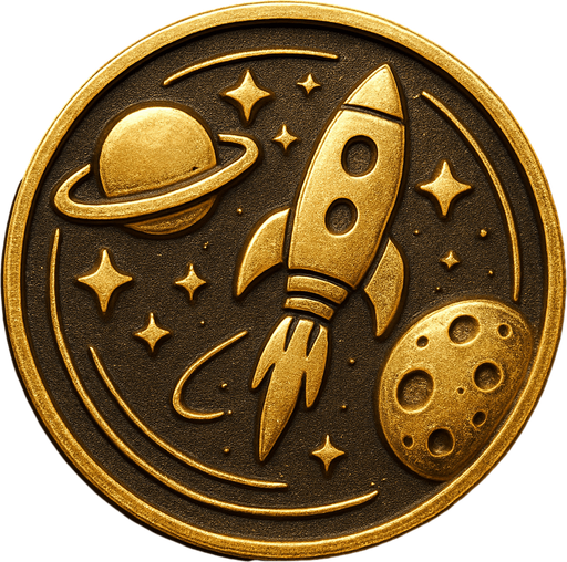 Uzay temalı altın coin, gerçekçi, yazısız üstten görünüm. 
In-Game asset.  High contrast.  No shadows