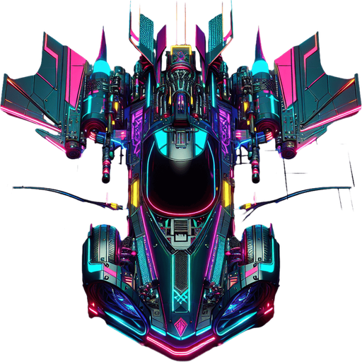 Neon cyberpunk flying car.
Single Game Texture.  Blank background.  High contrast.  No shadows. Top-down