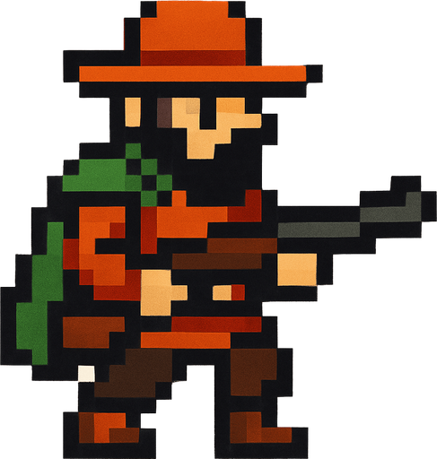 Hunter pixel.
In-Game asset.  2d.  High contrast.  No shadows