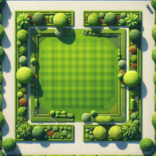 top view of a beautiful and lush clean ans straight lawn square.
Video game style