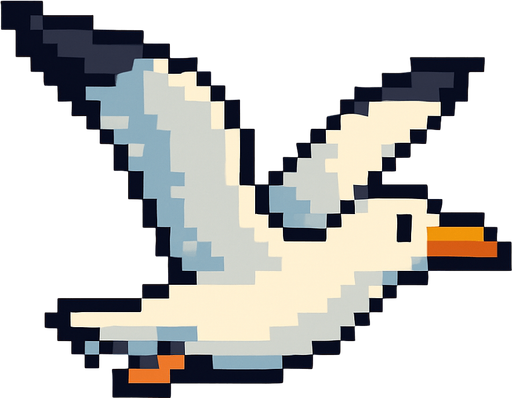 seagull looking to the right, pixelart, flying.
In-Game asset.  2d.  High contrast.  No shadows