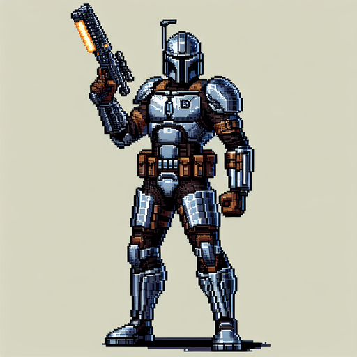 Create a pixel art sprite of the Mandalorian from the Star Wars universe. The Mandalorian should be standing in a determined pose, with his beskar armor and blaster raised. The sprite should be detailed and recognizable, but also stylized to fit within the pixel art aesthetic.
The Mandalorian is a skilled bounty hunter known for his unwavering determination and formidable combat skills. Clad in his signature beskar armor, he wields an array of deadly weapons, including his trusty blaster and a jetpack that allows him to maneuver with incredible agility. Despite his gruff exterior, the Mandalorian possesses a strong sense of honor and a deep-seated loyalty to those he protects.