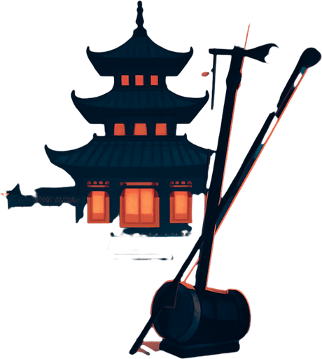 A traditional Chinese courtyard with lanterns, pagodas, and cherry blossoms. Add a calm evening vibe for the Erhu instrument..
In-Game asset.  2d.  High contrast.  No shadows