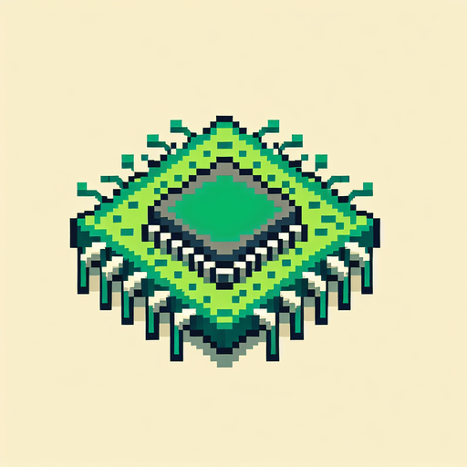 Green microchip pixelart
Single Game Texture. In-Game asset. 2d. Blank background. High contrast. No shadows.